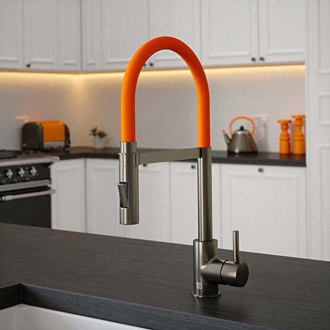 The Tap Factory Vibrance Tube Kitchen Tap with Spray Function - Gun Metal & Burnt Orange Zest Large