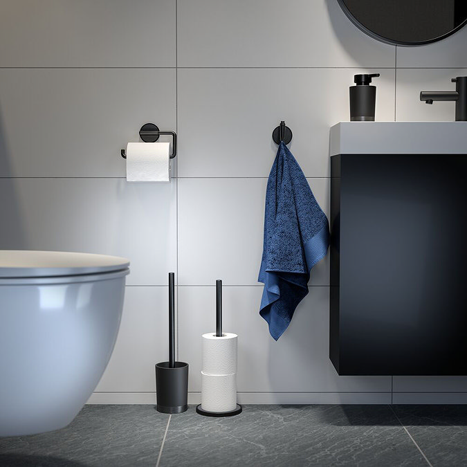 Tiger Tune Freestanding Spare Toilet Roll Holder - Brushed Black Metal/Black Feature Large Image