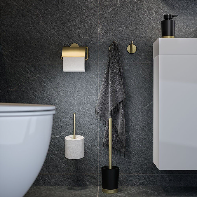 Tiger Tune Spare Toilet Roll Holder - Brushed Brass/Black In Bathroom Large Image