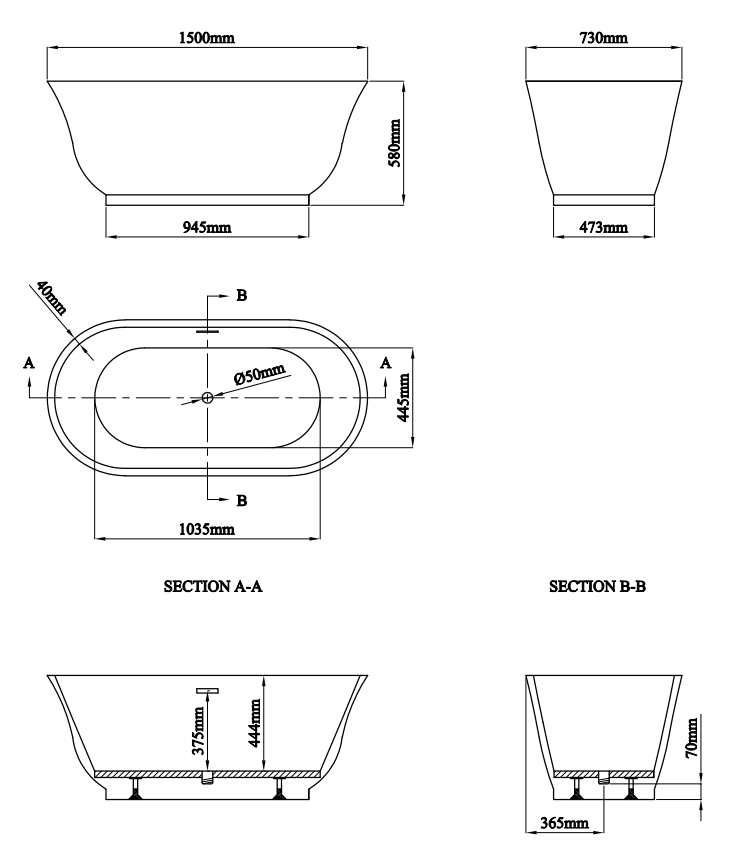 Tissington 1500 x 730 Traditional Curved Freestanding Bath - Double Ended with Waste