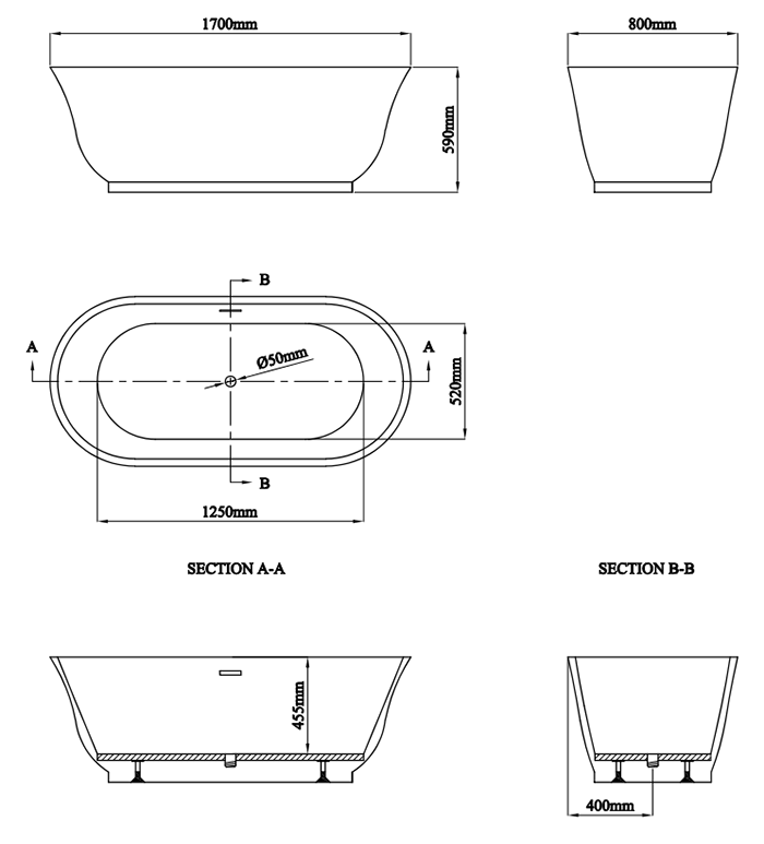 Tissington 1700 x 800 Traditional Curved Freestanding Bath - Double Ended with Chrome Waste