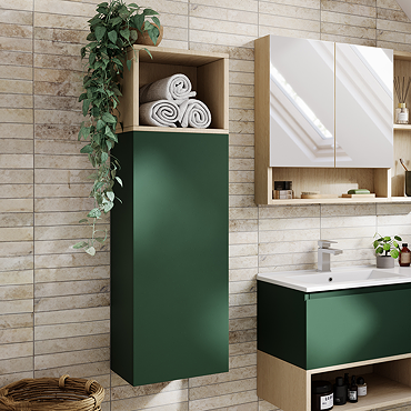 Tivoli 1200 Wall Hung Side Cabinet with Open Shelf - Forest Green and Oak