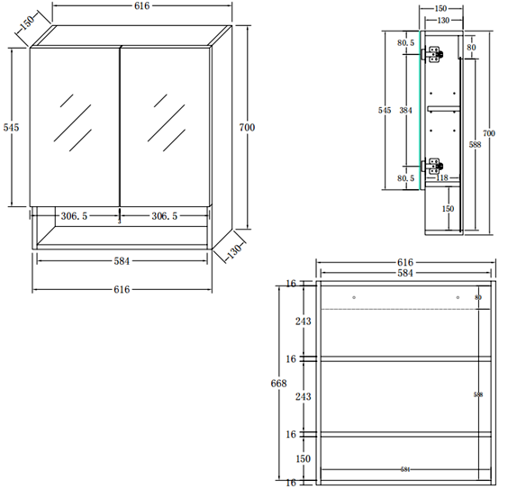 Tivoli 600 Mirrored 2-Door Cabinet with Open Shelf - Oak