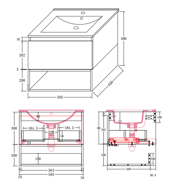 Tivoli 600 Wall Hung Vanity Unit with Open Shelf - Charcoal and Oak