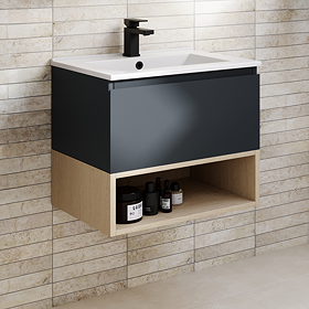 Tivoli 600 Wall Hung Vanity Unit with Open Shelf - Charcoal and Oak