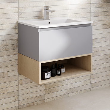 Tivoli 600 Wall Hung Vanity Unit with Open Shelf - Dove Grey and Oak