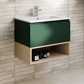 Tivoli 600 Wall Hung Vanity Unit with Open Shelf - Forest Green and Oak