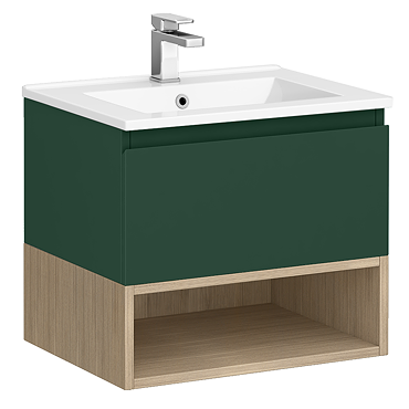 Tivoli 600 Wall Hung Vanity Unit with Open Shelf - Forest Green and Oak