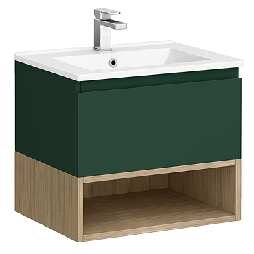 Tivoli 600 Wall Hung Vanity Unit with Open Shelf - Forest Green and Oak