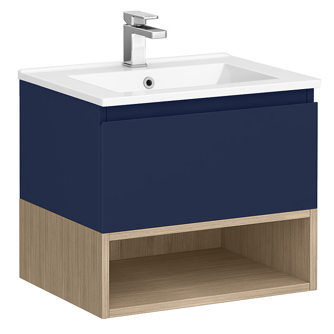 Tivoli 600 Wall Hung Vanity Unit with Open Shelf - Ink Blue and Oak