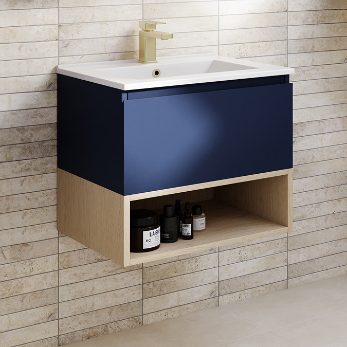 Tivoli 600 Wall Hung Vanity Unit with Open Shelf - Ink Blue and Oak