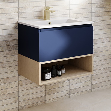 Tivoli 600 Wall Hung Vanity Unit with Open Shelf - Ink Blue and Oak