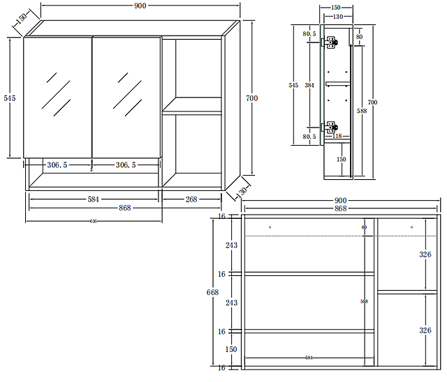 Tivoli 900 Mirrored 2-Door Cabinet with Open Shelving - Oak 