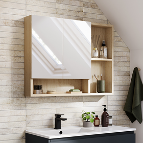 Tivoli 900 Mirrored 2 Door Cabinet with Open Shelving - Oak