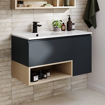 Tivoli 900 Wall Hung Vanity Unit with Open Shelf - Charcoal and Oak