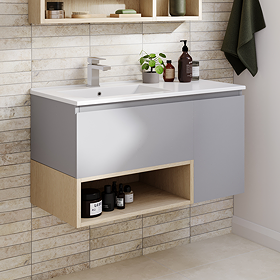 Tivoli 900 Wall Hung Vanity Unit with Open Shelf - Dove Grey and Oak