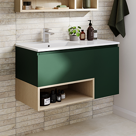 Tivoli 900 Wall Hung Vanity Unit with Open Shelf - Forest Green and Oak