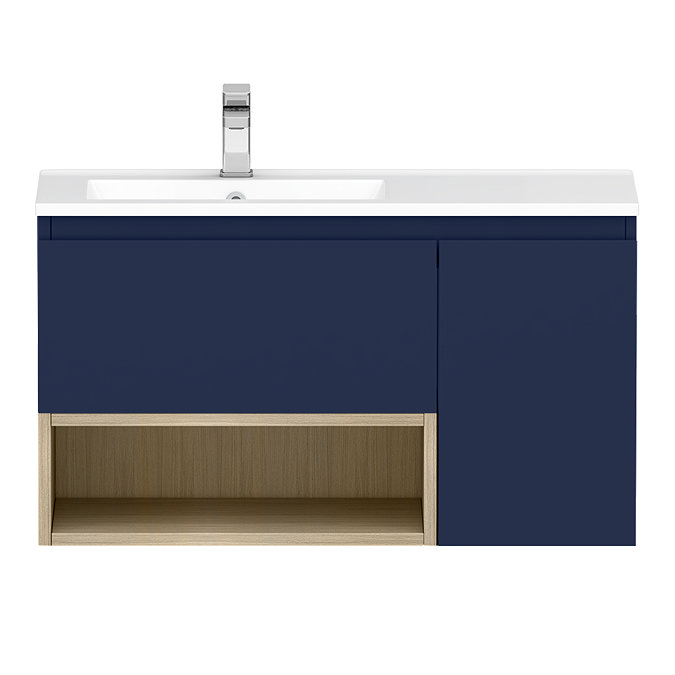 Tivoli 900 Wall Hung Vanity Unit with Open Shelf - Ink Blue and Oak