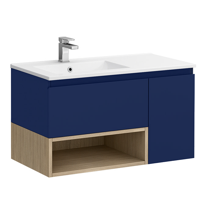 Tivoli 900 Wall Hung Vanity Unit with Open Shelf - Ink Blue and Oak