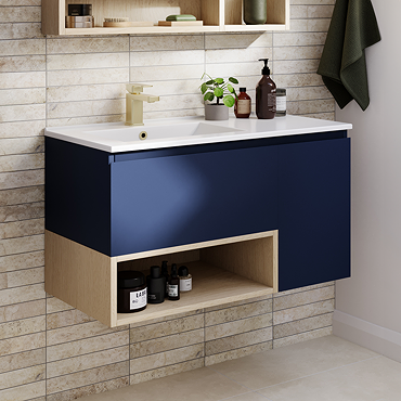 Tivoli 900 Wall Hung Vanity Unit with Open Shelf - Ink Blue and Oak