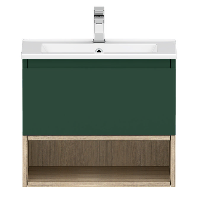 Tivoli Forest Green and Oak Bathroom Set - 600 Wall Hung Vanity Unit & Tall WC Toilet Unit