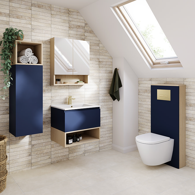 Tivoli Ink Blue and Oak Bathroom Set - 600 Wall Hung Vanity Unit & Tall WC Toilet Unit
