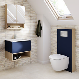 Tivoli Ink Blue and Oak Bathroom Set - 600 Wall Hung Vanity Unit & Tall WC Toilet Unit