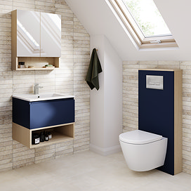 Tivoli Ink Blue and Oak Bathroom Set - 600 Wall Hung Vanity Unit & Tall WC Toilet Unit