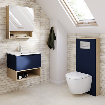 Tivoli Ink Blue and Oak Bathroom Set - 600 Wall Hung Vanity Unit & Tall WC Toilet Unit