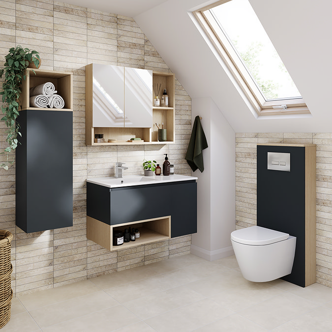 Tivoli Tall WC Toilet Unit with Cistern Frame, Chrome Flush and Wall Hung Pan - Charcoal and Oak