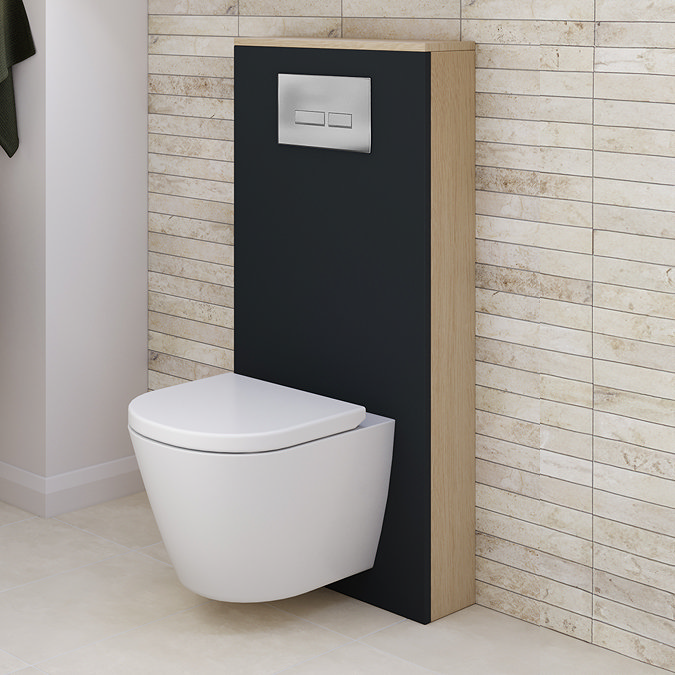 Tivoli Tall WC Toilet Unit with Cistern Frame, Chrome Flush and Wall Hung Pan - Charcoal and Oak