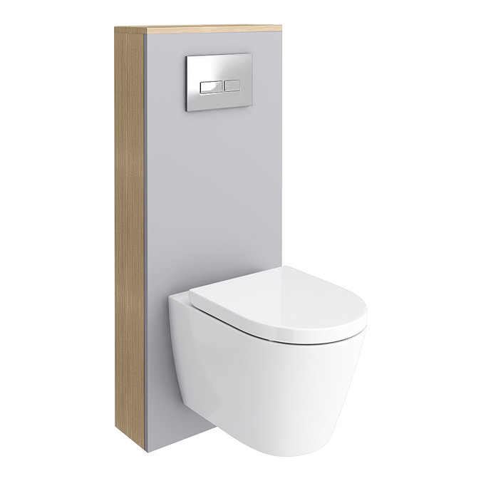 Tivoli Tall WC Toilet Unit with Cistern Frame, Chrome Flush and Wall Hung Pan - Dove Grey and Oak