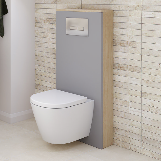 Tivoli Tall WC Toilet Unit with Cistern Frame, Chrome Flush and Wall Hung Pan - Dove Grey and Oak