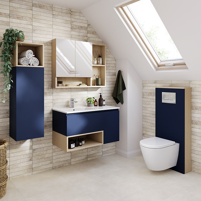 Tivoli Tall WC Toilet Unit with Cistern Frame, Chrome Flush and Wall Hung Pan - Ink Blue and Oak