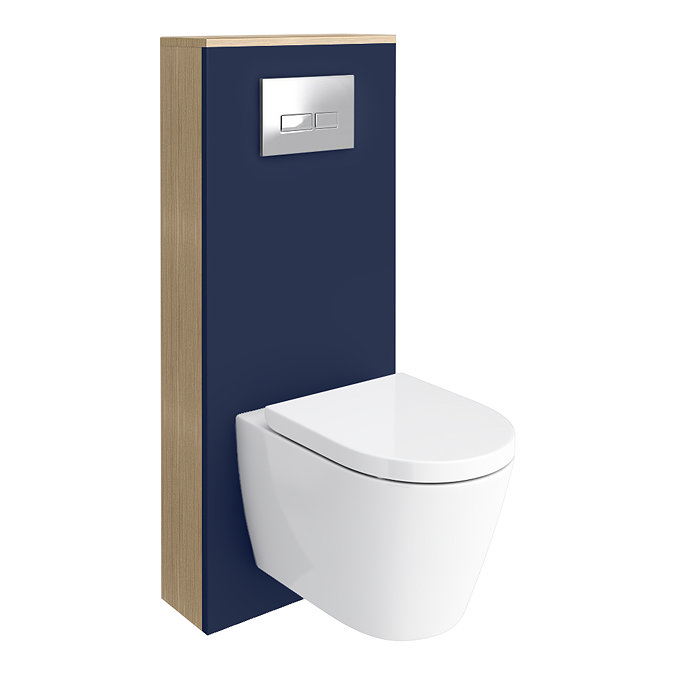 Tivoli Tall WC Toilet Unit with Cistern Frame, Chrome Flush and Wall Hung Pan - Ink Blue and Oak