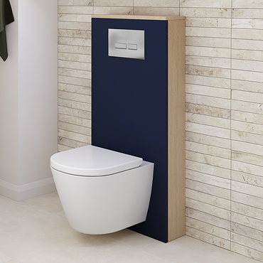 Tivoli Tall WC Toilet Unit with Cistern Frame, Chrome Flush and Wall Hung Pan - Ink Blue and Oak