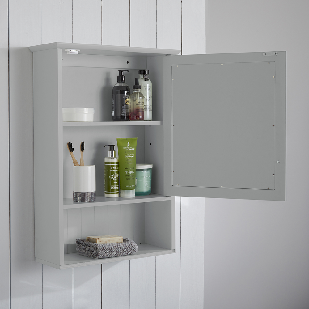 Tongue and groove bathroom cabinet with mirror