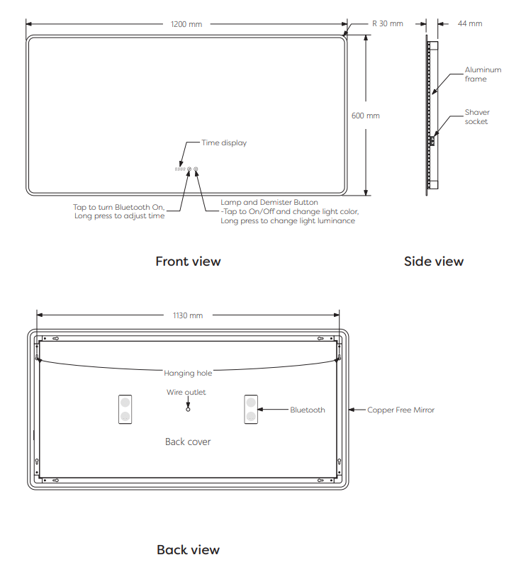 Toreno 1200 x 600mm Bluetooth LED Illuminated Mirror with Anti-Fog, Shaver Socket, Touch Sensor, and Time Display