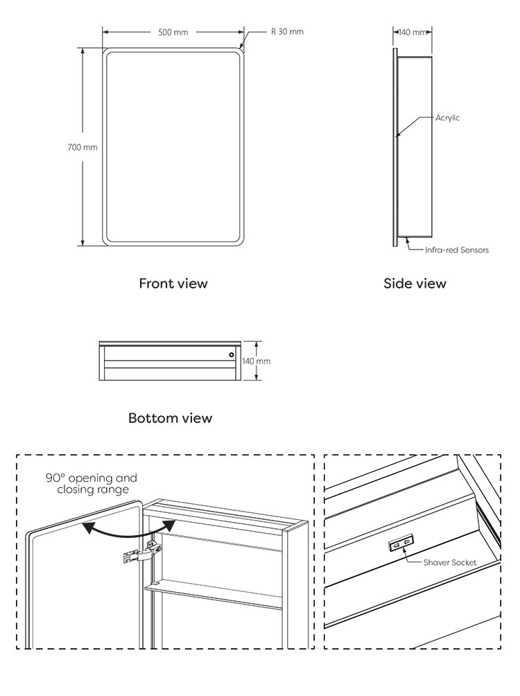 Toreno 500 x 700mm LED Illuminated 2-Door Mirror Cabinet with Motion Sensor, Shaving Socket & Anti-Fog