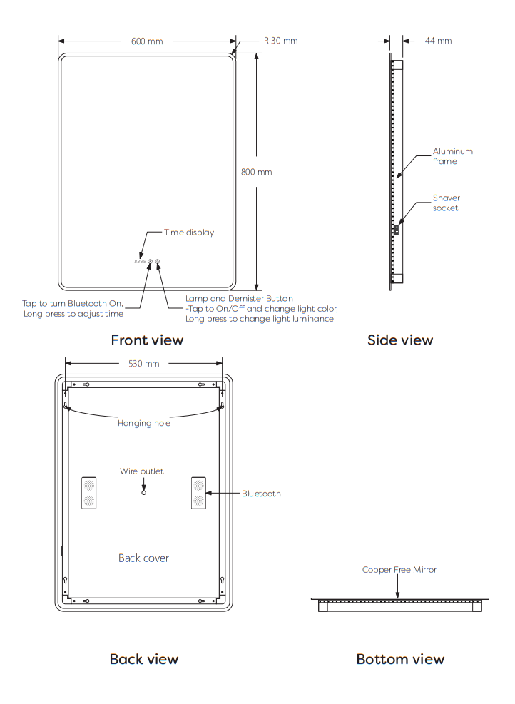 Toreno 600 x 800mm Ambient LED Bluetooth Mirror with Touch Sensor, Dimmer, Anti-Fog, Digital Clock and Shaving Port