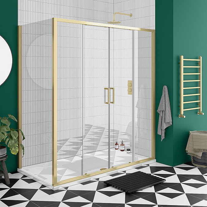 Toreno Brushed Brass 1400 x 800mm Double Sliding Door Shower Enclosure without Tray