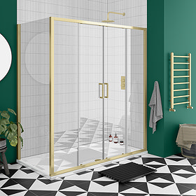 Toreno Brushed Brass 1700 x 800mm Double Sliding Door Shower Enclosure without Tray