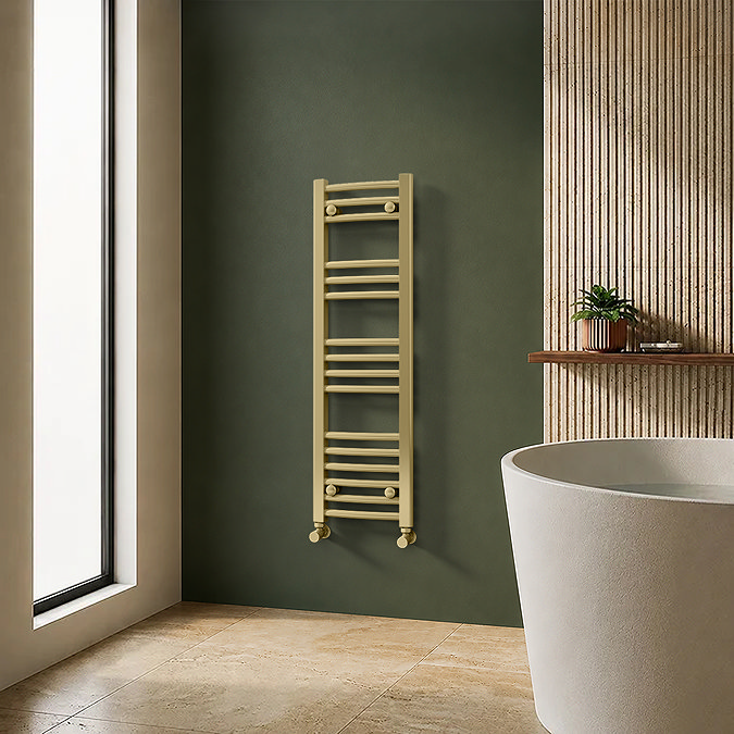 Toreno Heated Towel Rail – Brushed Brass – 300 x 1000mm – Curved Bars