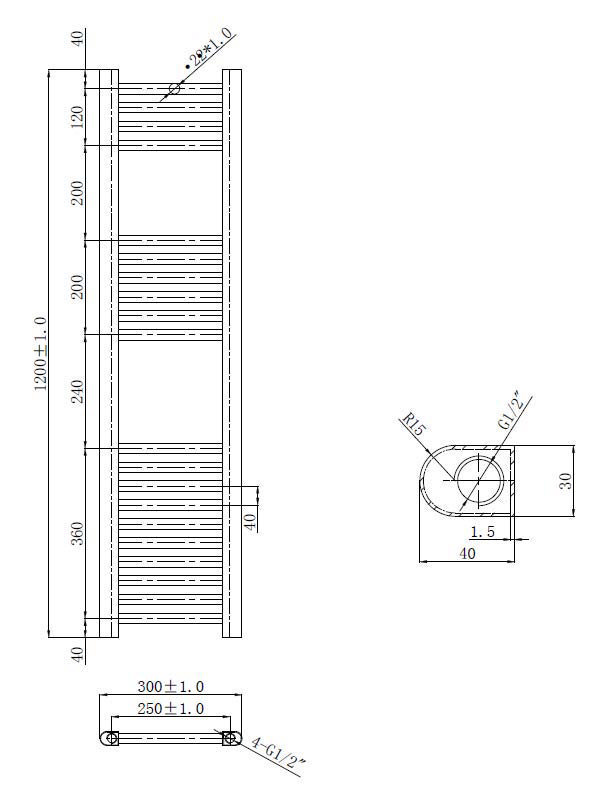 Toreno Heated Towel Rail – Brushed Brass – 300 x 1200mm – Straight Bars