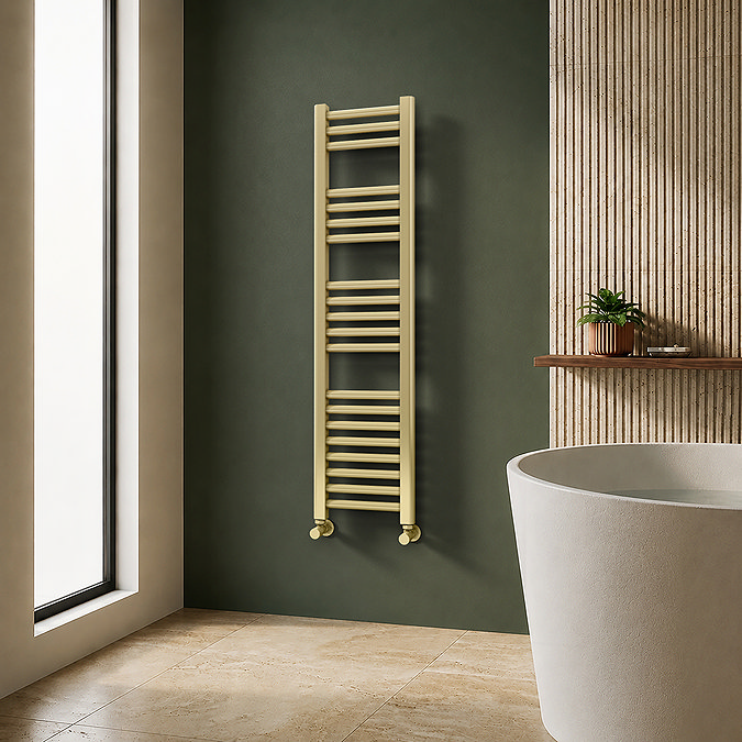 Toreno Heated Towel Rail - Brushed Brass - 300 x 1200mm - Straight Bars