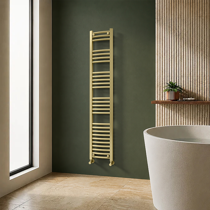 Toreno Heated Towel Rail - Brushed Brass - 300 x 1600mm - Curved Bars