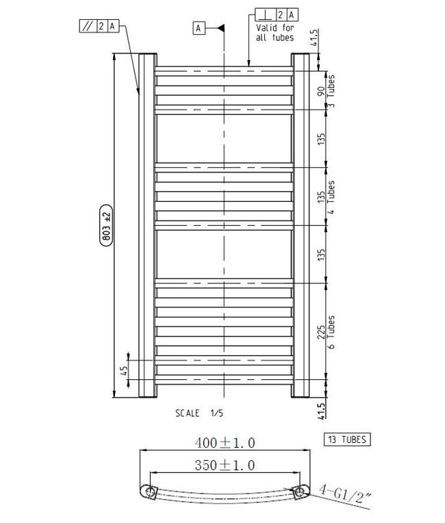 Toreno Heated Towel Rail – Brushed Brass – 300 x 800mm – Curved Bars