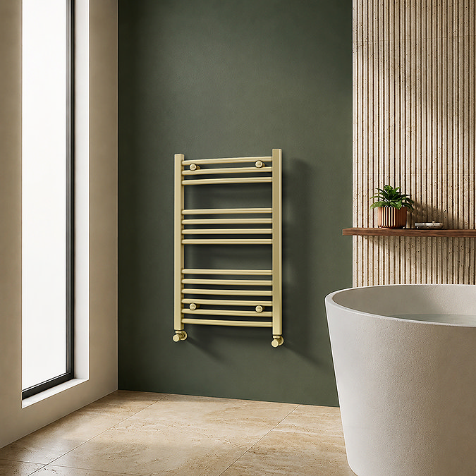 Toreno Heated Towel Rail – Brushed Brass – 500 x 800mm – Curved Bars
