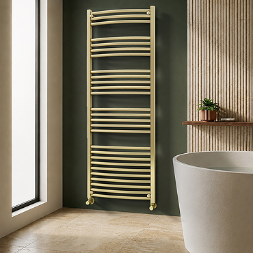 Toreno Heated Towel Rail - Brushed Brass - 600 x 1600mm - Curved Bars