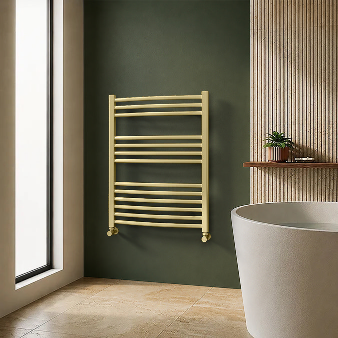Toreno Heated Towel Rail - Brushed Brass - 600 x 800mm - Curved Bars